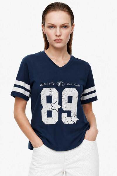 HAKKE V-Neck College Printed Comfortable Fit T-Shirt