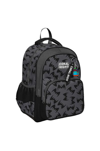 Coral High Kids Gray Black Bat Patterned Three Compartment School Bag Backpac...