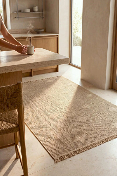 Eliz Home Naturel Jüt Halı Modern Örme Hasır Toz Vermez Kaymaz Taban Balkon B...