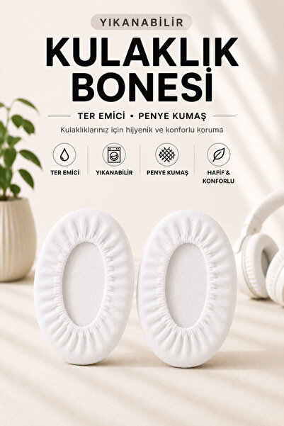 11 cm Kulaklık Bonesi , Yıkanabilir , 50 Li Pakette , Ter Emici Penye Kumaşlı Kulaklık Ped Kılıfı , Beyaz, Penye Galoş