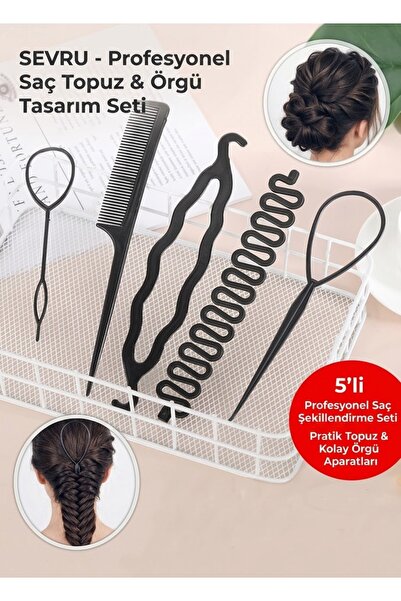 SEVRU Hair Bun Clip Set—Assorted Black Hair Braiding 5-Piece Set