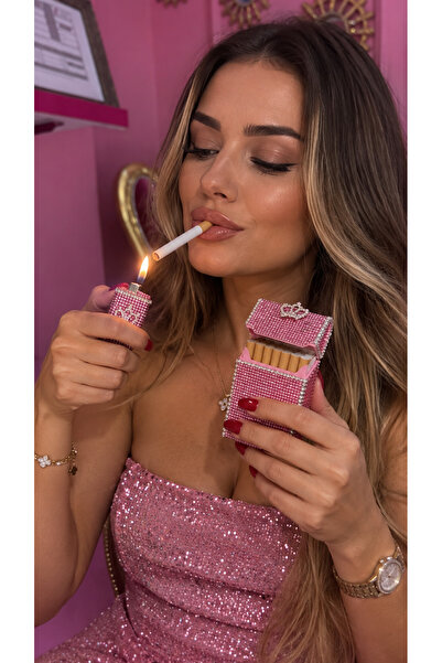 Mercandamoda Pembe Taşlı Sigara Kutusu Çakmak Takım