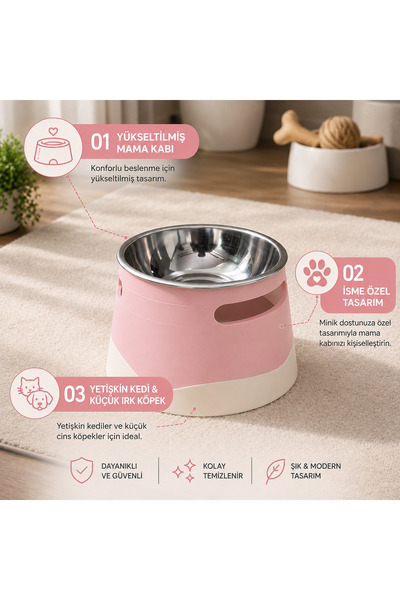 Basart İsime Özel Yükseltilmiş Köpek Mama Kabı | Paslanmaz Çelik Hazne, Ergon...