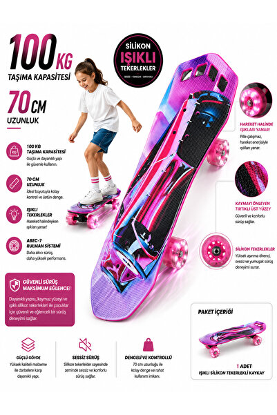 Erzi Pembe Işıklı Tekerlekli Çocuk Kaykayı 70 Cm Tutmalı Desenli Skateboard S...