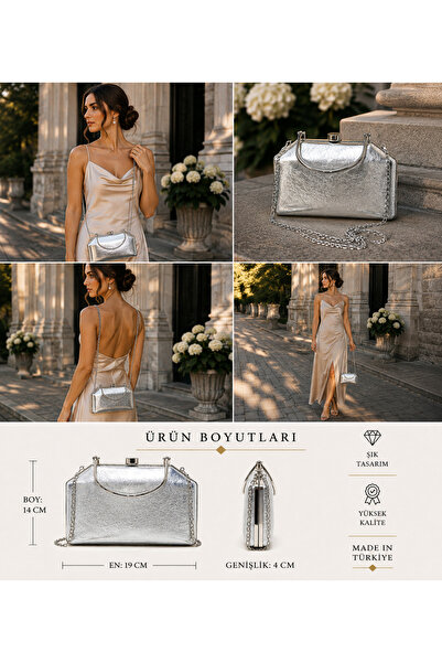 womenacs Gümüş Renk Cilt Kumaş Abiye Clutch Zincir Askılı El Düğün Nişan Gece...