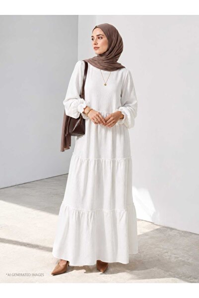 Refka Balloon Sleeve Comfortable Fit Lined Hijab Dress - Ecru -