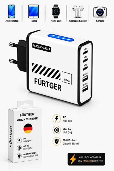 Fürtger 3 Type-C + 2 Usb-A Toplam 5 Çıkışlı + 20W Şarj Aleti