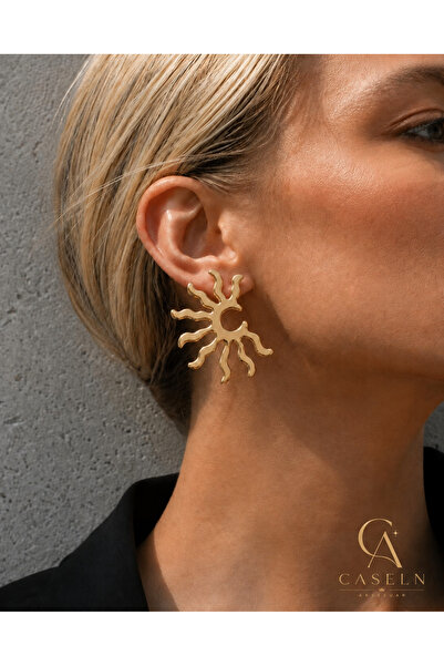 CASELN Women's Steel Gold Vintage Modern Sun Earrings