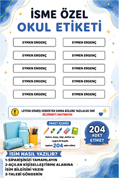 Ayza Tasarım Düz Sade Sudan Geçirmez İsme Özel Okul Etiketi Defter Kalem Etiketi