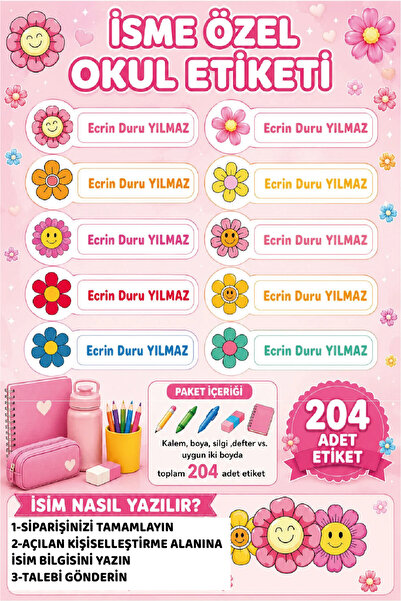 Ayza Tasarım İsme Özel Okul Etiketi Sticker Kişiye Özel Kız Çocuk İsim Etiket...