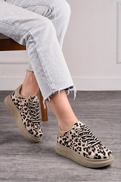 Nstil Günlük Kadın Sneaker Leopar Desenli Bağcıklı Oval Burun Yüksek Kalın Topuklu Spor Ayakkabı 313