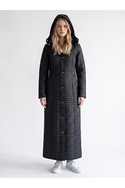 VETRE Women's Large Size Hooded 142 Cm Black Quilted Coat 1022