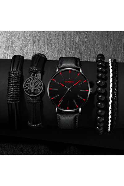 Choice Black Red 5pcs Black Quartz Watches Bracelet Men Business Casual Round...