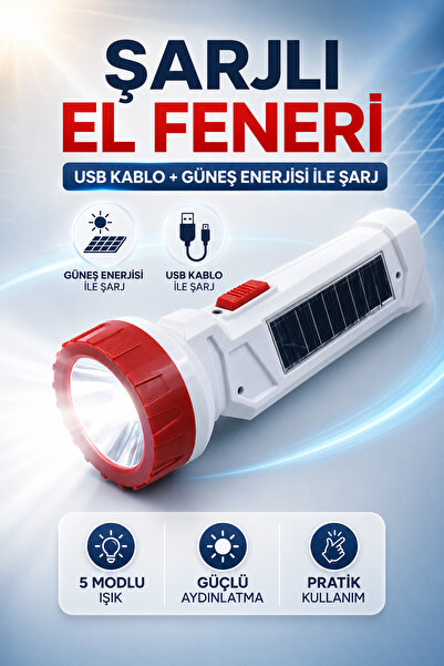 Badem10 Şarjlı Solar Güneş Enerjili 2 Ledli El Feneri Usb Şarj Kamp Avcı Lamb...