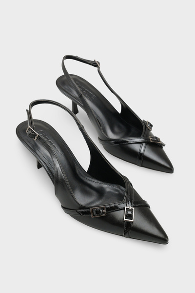 Capone Outfitters Sarine Pointed Toe Mid-Heel Cross Buckle Open Back Women's ...