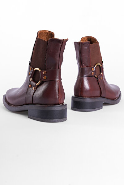 Capone Outfitters Genuine Leather Women's Boots with Side Elastic Buckle Detail