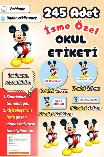 Sticker Ekspres Okul Etiketi Mickey Mouse Kalem Defter Etiketi Özel İsim Yazı...