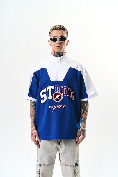Respire Tricou oversize cu jumătate de fermoar brodat Studio pentru bărbați Saks
