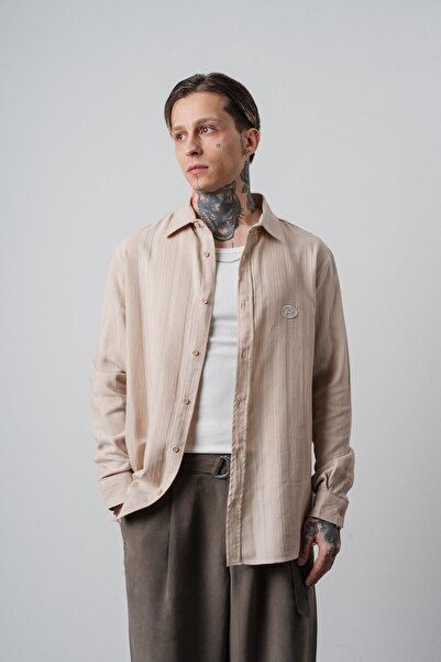 Respire Men's Embroidery Detailed Long Sleeve Muslin Oversized Shirt Beige