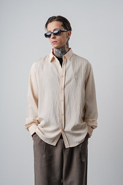 Respire Men's Rs Embroidered Striped Long Sleeve Oversized Shirt Mink