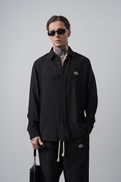 Respire Men's R Embroidered Long Sleeve Muslin Oversized Shirt Black