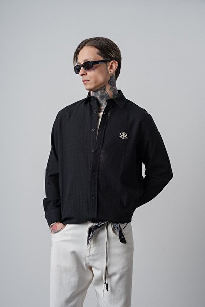 Respire Men's Star Embroidered Long Sleeve Oversized Shirt Black