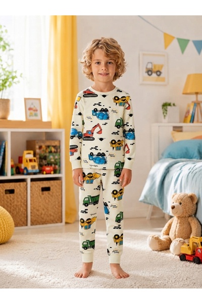 ROSAMİNA Erkek Çocuk %100 Pamuklu KREM İŞ MAKİNESİ Desen Pijama Takımı