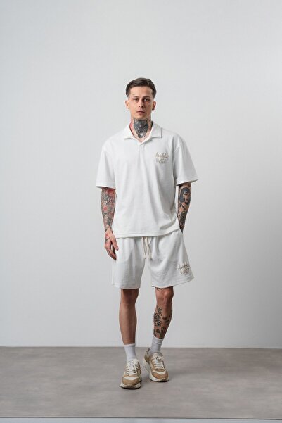 Respire Men's La Dolce Vita Written Regular Fit T-Shirt Shorts Set Ecru