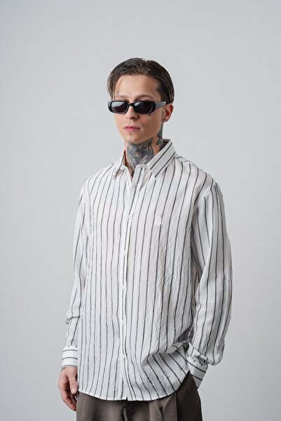 Respire Men's Embroidery Detailed Striped Long Sleeve Oversized Shirt White