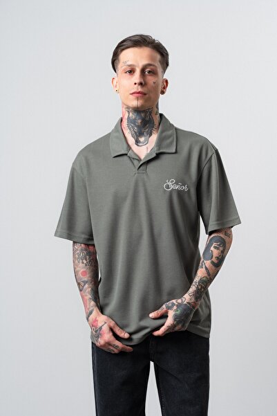 Respire Men's Senor Written Polo Collar Regular Fit T-Shirt Khaki