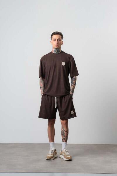 Respire Men's Route 07 Arma Detailed Regular Fit T-Shirt Shorts Set Brown