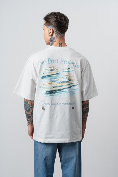 Respire Tricou oversize cu imprimeu No Port pentru bărbați, Ecru