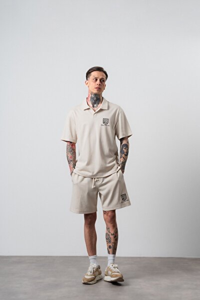 Respire Men's Rocket Club Written Regular Fit T-Shirt Shorts Set Beige