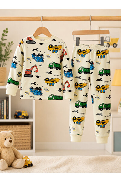 ROSAMİNA Erkek Çocuk %100 Pamuklu KREM İŞ MAKİNESİ Desen Pijama Takımı