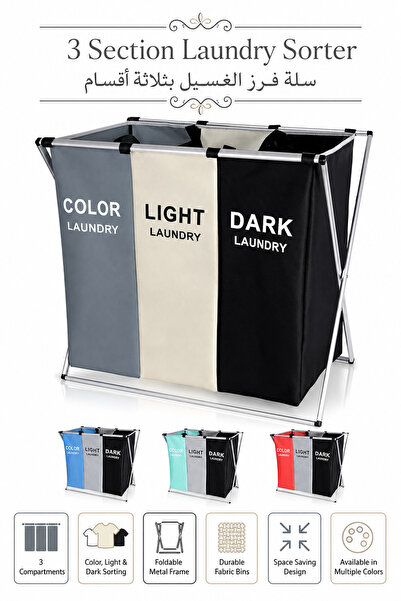 Baytix HOME Foldable 3-Section Laundry Basket, Large Dirty Clothes Hamper, Tr...