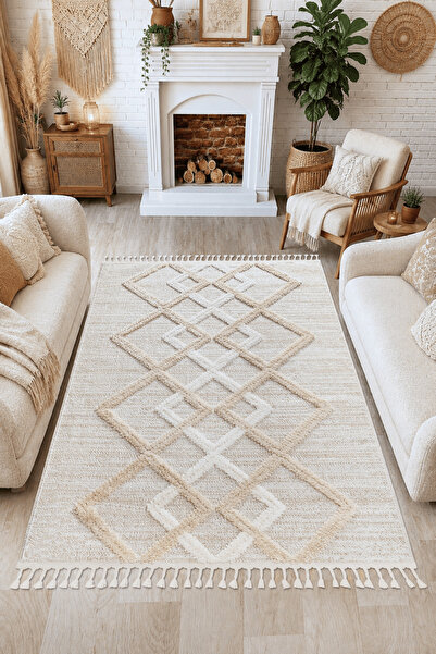 SANRUGS Home & Living Bukleli Yumuşak Peluş Post Krem Beyaz Oturma Odası Salo...