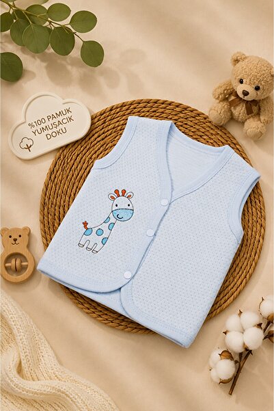Kindo Baby Baby Quilted Combed Cotton Anti-Sweat Vest with Blue Giraffe Embro...