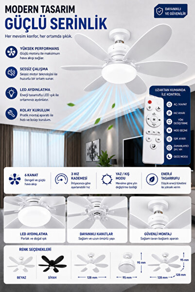 nextbuy Tavan Tipi Vantilatör E27 Duylu 6 Kanatlı Sessiz Rüzgar Fanlı Led Amp...