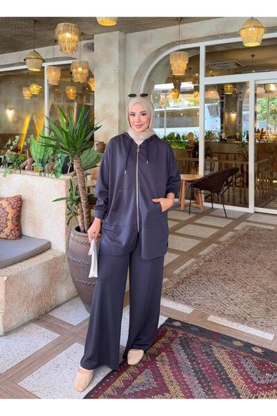 nurvina modest wear طقم إسلامي مكون من قطعتين بقلنسوة كبيرة الحجم من قماش المودال مع جيوب مزدوجة