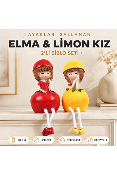 e-life shop Ayakları Sallanan Elma Limon Kız Biblo 20 cm 2'li Set Dekoratif O...