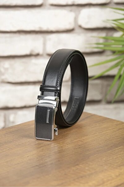 awix Men's Black Leather Automatic Buckle Belt Without Holes (Width 3.5 cm)