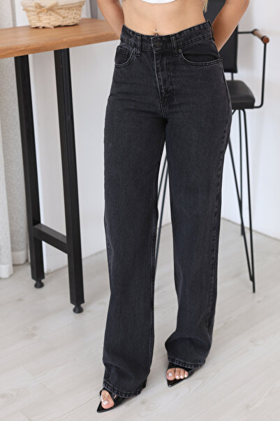 deqfashion Kadın Antrasit Yüksek Bel Wide Leg Palazzo Jean Pantolon