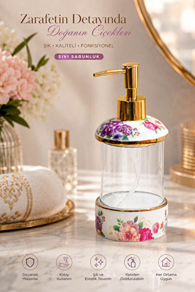 Porsima 3127 Gold Kapaklı Porselen ve Cam Sıvı Sabunluk – Çiçek Desenli ve Şe...
