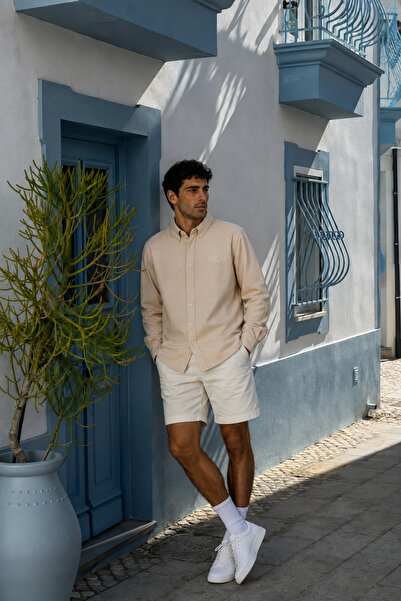 Respire Men's Minimal Printed Oversize Textured Shirt Beige