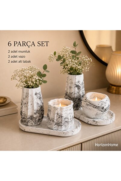Dekoratif Siyah Vazo ve Mum 6'lı Set (Çiçekler dekor amaçlıdır)
