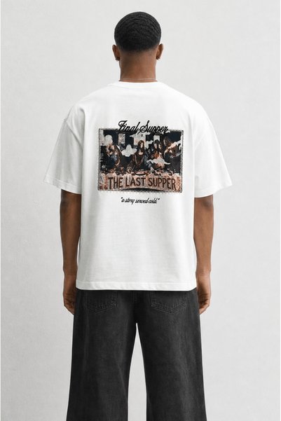 Respire Erkek Final Supper Nakışlı Oversize T-Shirt Ekru