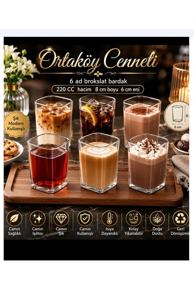 ORTAKÖYCENNETİ 6 Adet Dikdörtgen Isıya Dayanıklı Borosilikat Trend Meşrubat B...