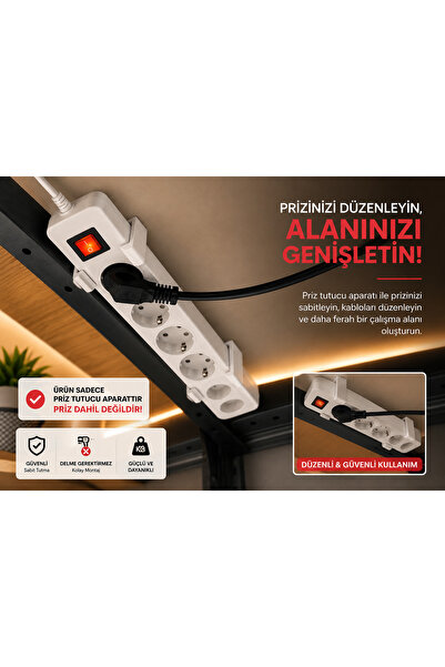 Masa Altı Uzatma Kablosu Tutucu Kablo Prizi Sabitleme Aparatı Vida Montajlı Beyaz