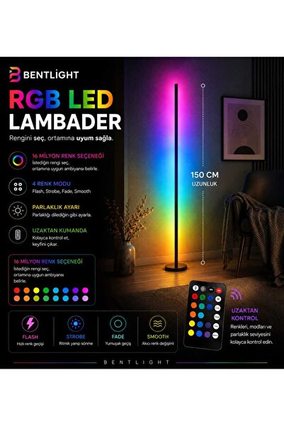 BENTLİGHT 150 CM RGB Ayaklı LED Lambader Kumandalı Dekoratif TV Yanı Işık 12V