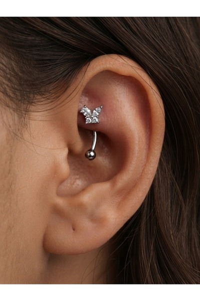 kurukafagift Çelik Kıkırdak Zirkon Taşlı Banana Rook Piercing Kelebek Figürlü...